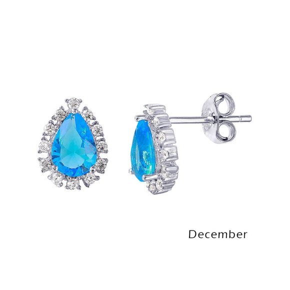 Sterling Silver 925 Rhodium Plated Teardrop Halo CZ Birthstone Stud Earrings